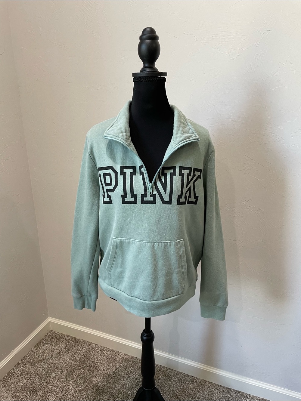 PINK Victoria's Secret Mint Sage Quarter-Zip Pullover with Bold Logo